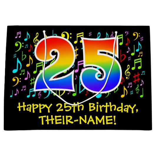 25. Geburtstag - Farbige Musiksymbole, Regenbogen  Große Geschenktüte (Vorderseite)