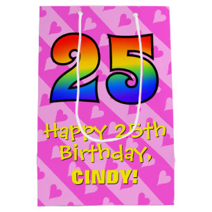 25. Geburtstag: Fun Pink Hearts Streifen; Regenbog Mittlere Geschenktüte