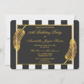 25. Geburtstag Gold Feder Schwarz-weiße Streifen Einladung (Rückseite)