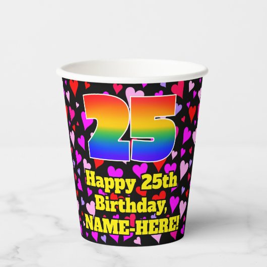 25. Geburtstag: Loving Hearts Pattern, Regenbogen Pappbecher (Vorderseite)