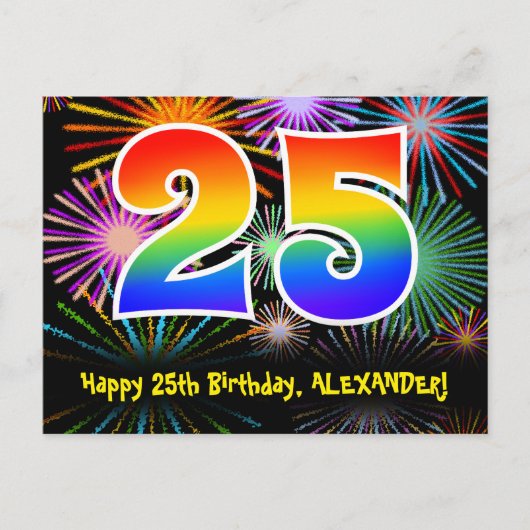 25. Geburtstag – Lustiges Feuerwerk Muster + Regen Postkarte (Vorderseite)