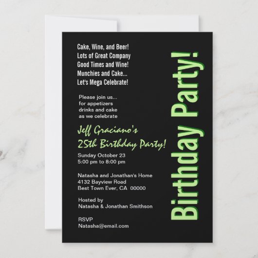 25. Geburtstag Modernes Schwarzes Limettengrün-Tem Einladung (Vorderseite)