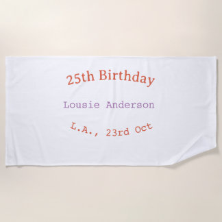 25. Geburtstag Name Datum Ort orange lila pastell Strandtuch