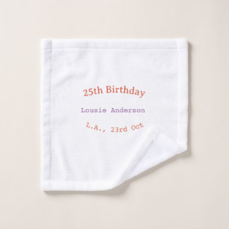 25. Geburtstag Name Datum Ort orange lila pastell Waschlappen