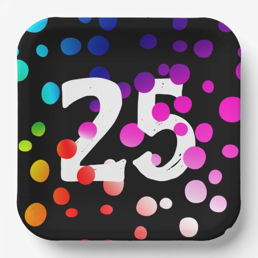 25. Geburtstag Rainbow Dots auf Black Pappteller (Vorderseite)