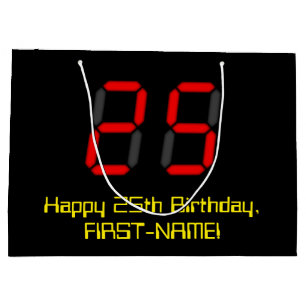 25. Geburtstag: Red Digital Clock Style "25" + Nam Große Geschenktüte