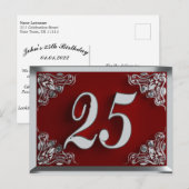 25. Geburtstag Regal Silver Red Einladung Postkarte (Vorne/Hinten)