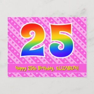 25. Geburtstag: Rosa Streifen & Herzen, Regenbogen Postkarte