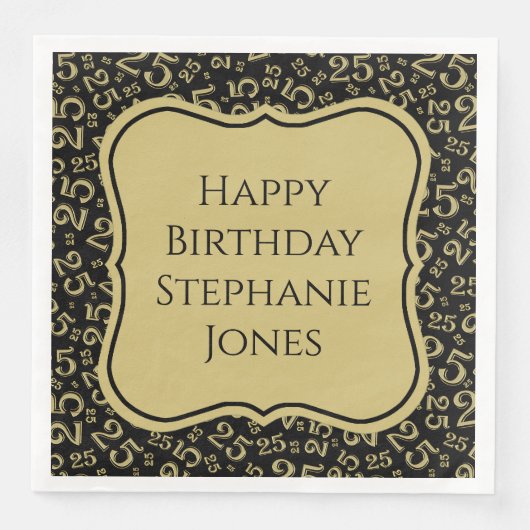 25. Geburtstag Schwarz/Gold-Bracket-Zahlenmuster Serviette (Vorderseite)