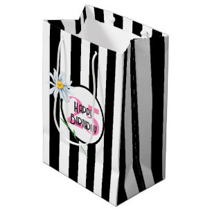 25. Geburtstag Schwarz-Weiß-Streifen Mittlere Geschenktüte