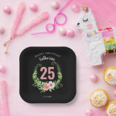 25. Geburtstag schwarzer Floral Skriptname Pappteller (Party)