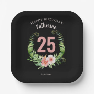 25. Geburtstag schwarzer Floral Skriptname Pappteller