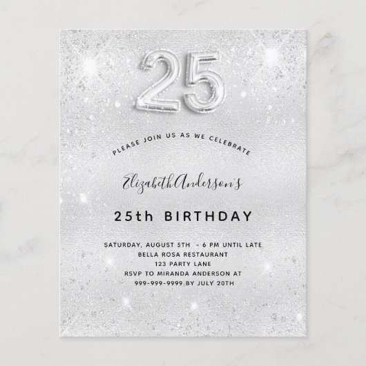 25. Geburtstag Silber Glitzer Einladung Flyer (Vorne)
