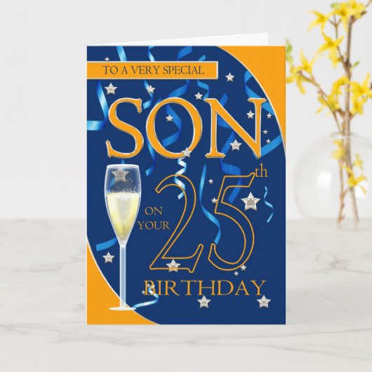 25. Geburtstag Sohn - Champagner-Glas Karte (Gelbe Blume)