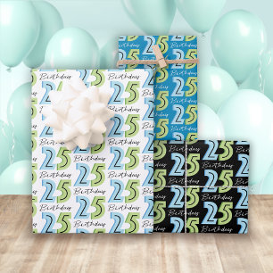 25. Geburtstag Zahlen Grün Blau Geschenkpapier Set