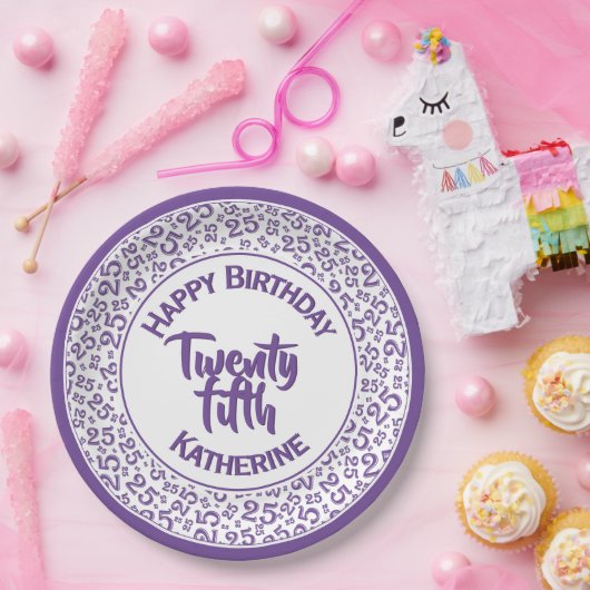 25. Geburtstag Zufallszahlenmuster Lila/weiß Pappteller (Party)