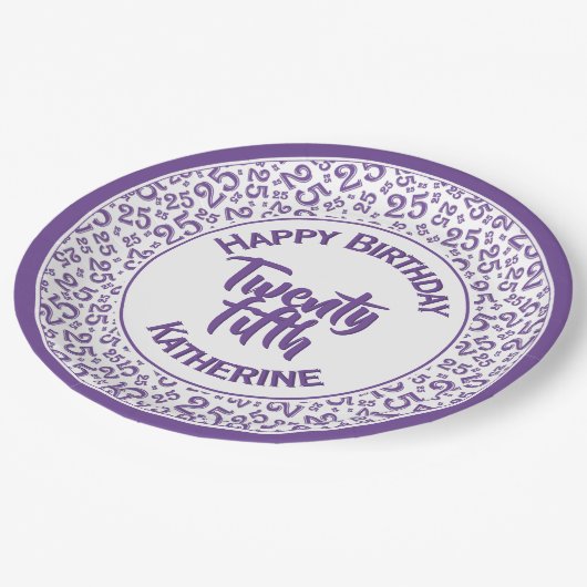 25. Geburtstag Zufallszahlenmuster Lila/weiß Pappteller (Schrägansicht)