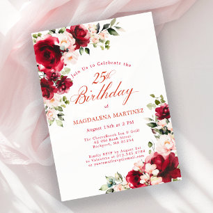 25. Geburtstagsfeier Rote Rose Pink Peony Floral Einladung