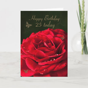 25. Geburtstagskarte mit klassischer rote Rose Karte