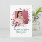 25. Geburtstagspartei Custom Foto Blumenrahmen Einladung (Stehend Vorderseite)