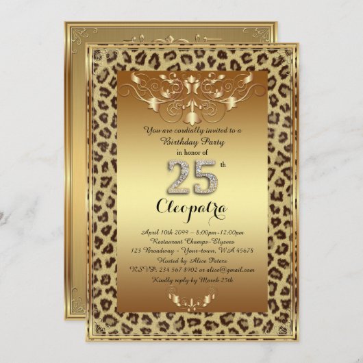 25. Geburtstagsparty 25., Royal Cheetah Gold plus Einladung (Vorne/Hinten)