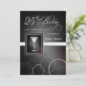 25. Geburtstagsparty Einladungen - Schwarz und Sil (Stehend Vorderseite)