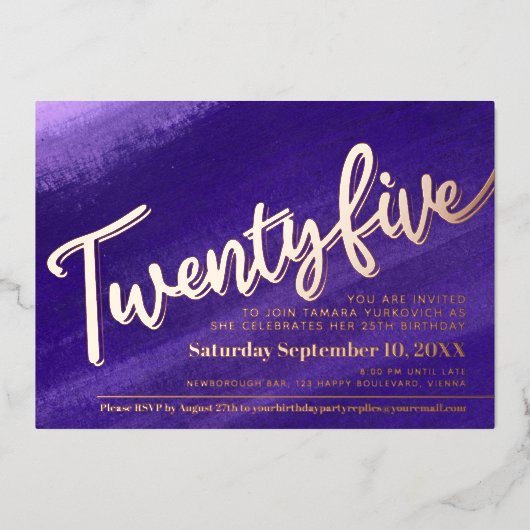25. Geburtstagsparty lila Rose Gold Folieneinladung (Vorderseite)