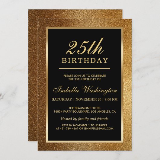 25. Geburtstagsparty | Trendy Glam Gold Glitzer Einladung (Vorne/Hinten)