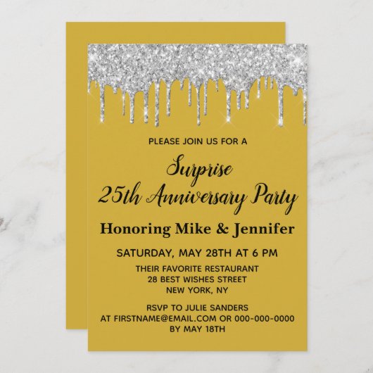 25. Gold Black Silver Überraschung Jubiläum Party Einladung (Vorne/Hinten)
