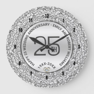 25. Hochzeit Jubiläum weiße Diamanten & Silber Große Wanduhr