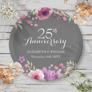 25. Hochzeitsjubiläum Aquarell-Rosen Pappteller