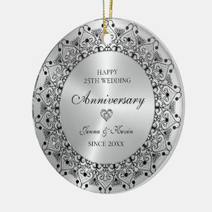 25. Hochzeitsjubiläum Schwarze Mandala auf Gold Keramik Ornament