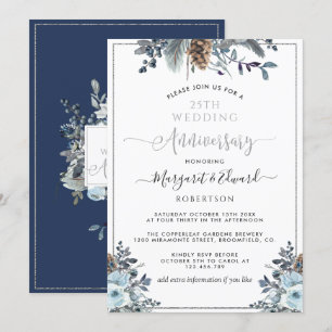 25. Hochzeitsjubiläum, Silber, Marineblaue Flora Einladung