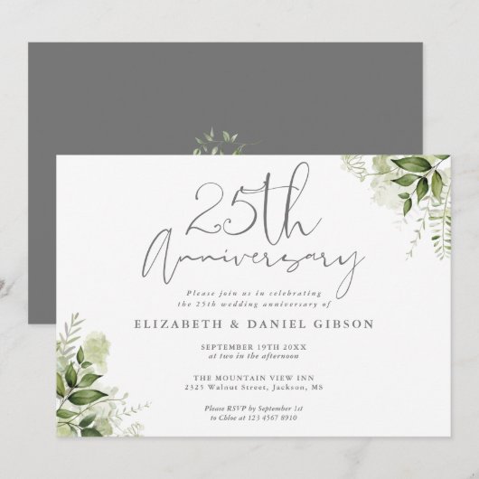 25. Hochzeitsjubiläum Silber Schrift Floral Einladung (Vorne/Hinten)
