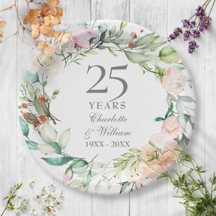 25. Hochzeitsjubiläum Silber Wasserfarbe Floral Pappteller