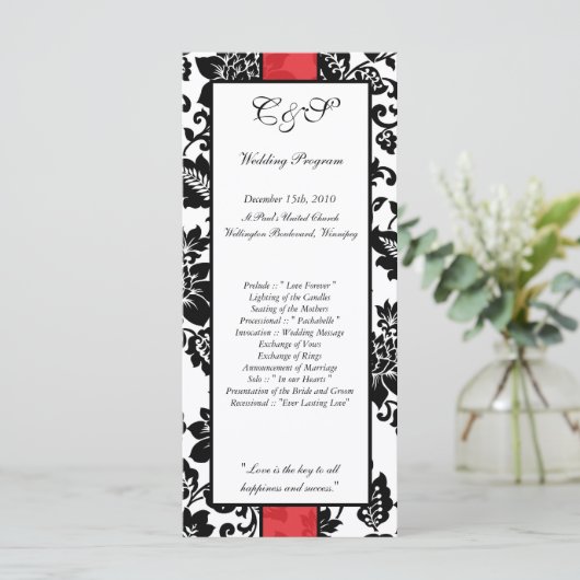 25 Hochzeitsprogramme für Schwarz/Rot-Flora-Damask Programm (Stehend Vorderseite)