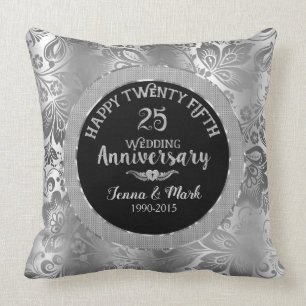25. Hochzeitstag Black & Silver Damaskus Kissen