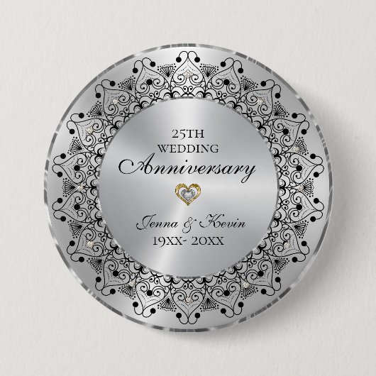 25. Hochzeitstag BlackMandala auf Silber Button (Vorderseite)