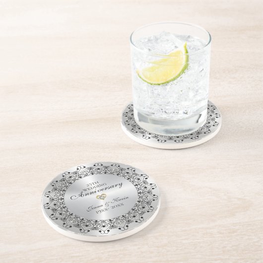 25. Hochzeitstag BlackMandala auf Silber Getränkeuntersetzer (Seite)