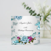 25. Hochzeitstag Blauer Blumenrosa Einladung (Stehend Vorderseite)