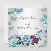 25. Hochzeitstag Blauer Blumenrosa Einladung (Vorderseite)