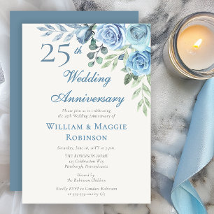 25. Hochzeitstag Blaues Blumen Elegante Party Einladung