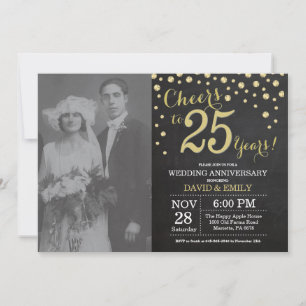 25. Hochzeitstag Chalkboard Black and Gold Einladung