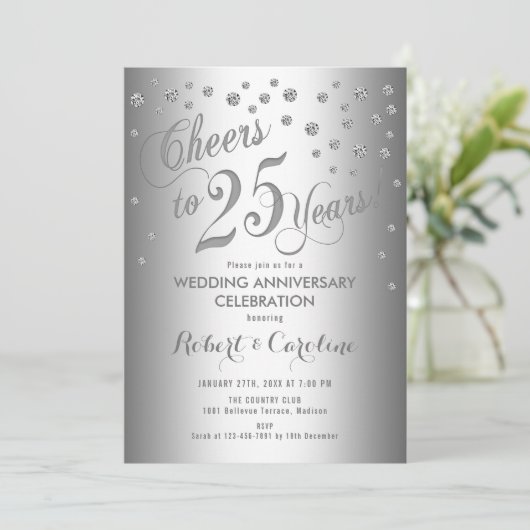 25. Hochzeitstag - Elegantes Silber Weiß Einladung (Stehend Vorderseite)
