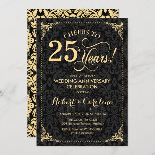 25. Hochzeitstag - Gold Black Damask Einladung (Vorne/Hinten)