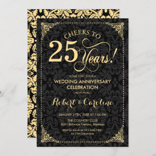 25. Hochzeitstag - Gold Black Damask Einladung