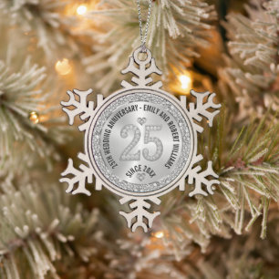 25. Hochzeitstag Gold White Diamonds Schneeflocken Zinn-Ornament