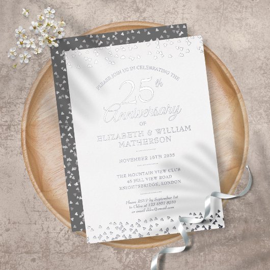 25. Hochzeitstag Herz Confetti Silver Folieneinladung