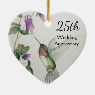 25. Hochzeitstag Hübsche Vogelwelt Blume Herz Keramik Ornament