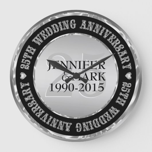 25. Hochzeitstag Metallic Silver & Black 2 Große Wanduhr (Vorderseite)